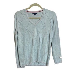 Tommy Hilfiger Women Size Medium V-Neck Argyle Sweater Gray‎ 100% Cotton